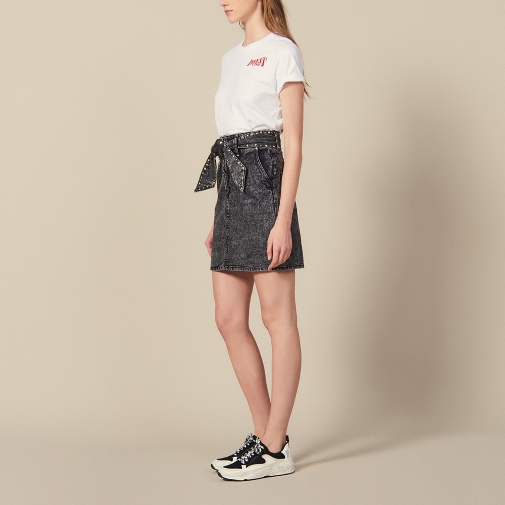 Sandro Charcoal Denim High Waisted Skirt with Belt - Picture 4 of 9
